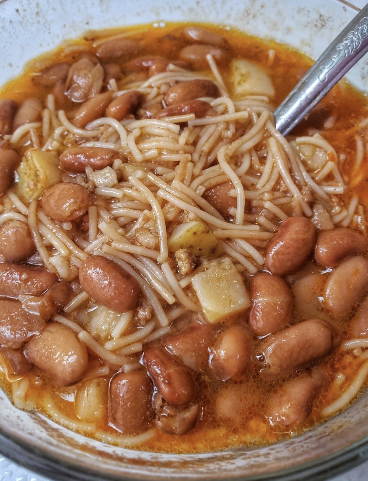 Mexican Noodle Soup with Potato, Beans, and Ground Beef (Sopa de Fideo con Papas, Frijoles y Carne Molida)