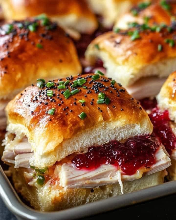 Baked Cranberry Turkey Sliders with Havarti & Poppy Seed Topping 