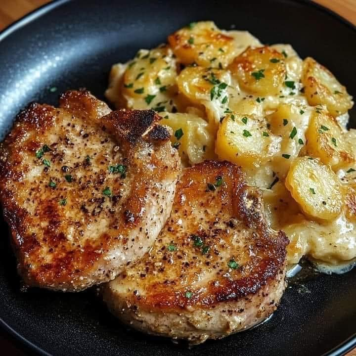 Garlic Parmesan Pork Chops with Cheesy Scalloped Potatoes